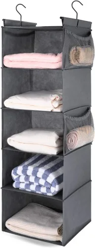 Vista 10 de MAX Houser Organizador Colgante de Closet de 5 Niveles, Estante Colgante de Tela con 2 Ganchos Resistentes para Almacenamiento, Plegable (Beige-D2)