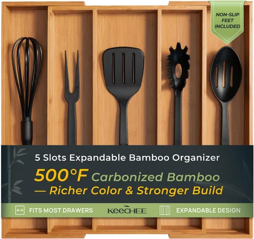 Vista 13 de keechee Organizador grande de bambú carbonizado para cajones de cocina, organizador de cubiertos expandible con 12 ranuras, soporte para utensilios