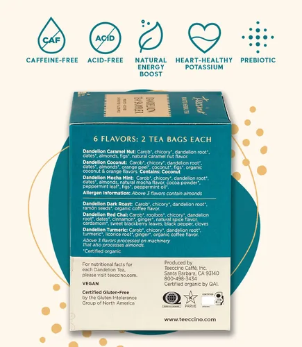 Vista 2 de Teeccino Muestra de té de diente de león, caramelo, coco, tostado oscuro, menta moca, chai rojo, cúrcuma, sustituto de café prebiótico Sin cafeína