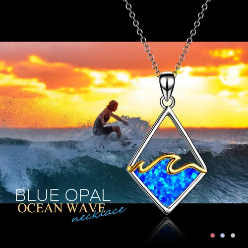 Vista 5 de YAFEINI Collar de plata de ley con diseño de océano con diseño de olas de océano, collar de dólar de arena con dije de ópalo creado para mujeres