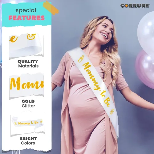 Vista 5 de CORRURE Banda para baby shower para niño o niña, banda con la frase "Mommy to Be" con hermosa cinta blanca y texto dorado con purpurina, ideal