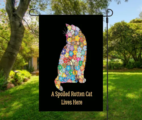 Vista 2 de Bandera de jardín con gato podrido y mimado, decoración de banderas de jardín de gato de doble cara, colorido diseño de bienvenida, regalo