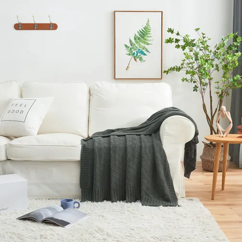 Vista 4 de Manta Grande de Punto de Algodón Gris Carbón para Sofá de Sala Cama - Decorativa para el Hogar Suave Acogedora Tejido de Suéter de Cable Otoñal