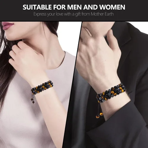 Vista 6 de Pulsera de Triple Protección - Para Protección - Trae Suerte y Prosperidad - Hematita - Obsidiana Negra - Ojo de Tigre - Pulsera de Piedra