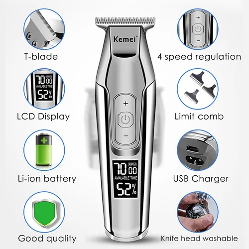 Vista 5 de KEMEI KM-5027 - Cortadora de pelo inalámbrica para hombres, recortadora de barba eléctrica profesional, kit de cortes de pelo de peluquería