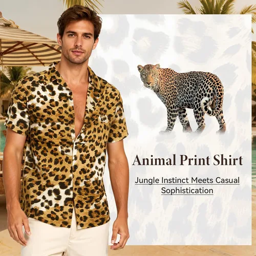 Vista 2 de American Trends Camisa hawaiana de manga corta con botones tropicales para Impresión de leopardo