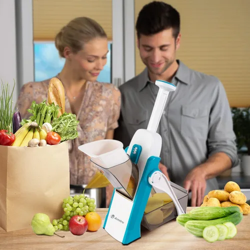 Vista 2 de Cortador de verduras con mandolina, cortador de verduras ajustable, seguro, multiusos, rebanador de verduras para cocina (azul), 12.7 x 5.3 x 5
