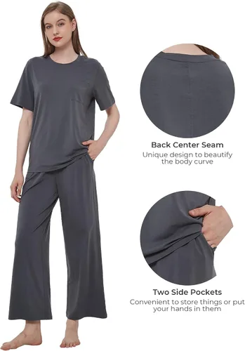 Vista 4 de GYS Conjunto de pijama de manga corta con cuello redondo y pantalones para mujer