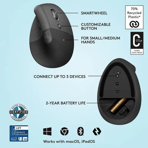 Vista 6 de Logitech Ratón ergonómico vertical elevador, inalámbrico, Bluetooth o Logi Bolt receptor USB, clics silenciosos, 4 botones, compatible