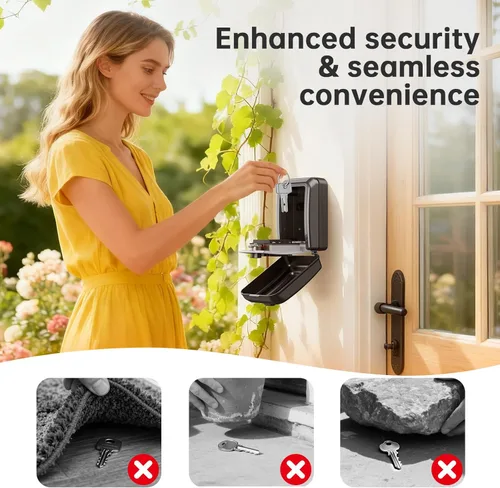 Vista 4 de Caja de bloqueo de llave, combinación personalizable de 12 dígitos, caja de seguridad para llaves con código reposable, gran capacidad y resistente