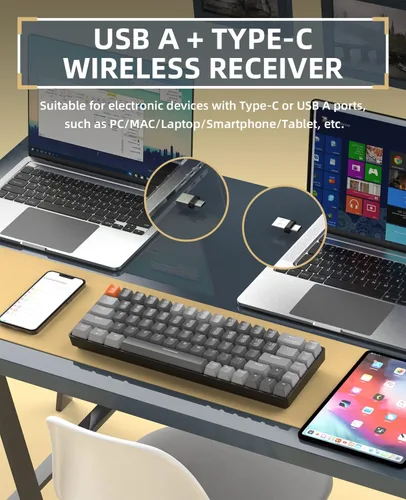 Vista 4 de ZIYOU LANG RK68 Teclado mecánico inalámbrico 60%, receptor de modo dual Bluetooth 5.02.4Ghz, mini 68 teclas intercambiables en caliente, teclas