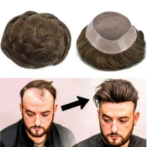 Vista 62 de LOVIN - Sistema de cabello humano para hombres, postizo fino de encaje mono para hombre, prótesis masculina de piel de polietileno alrededor