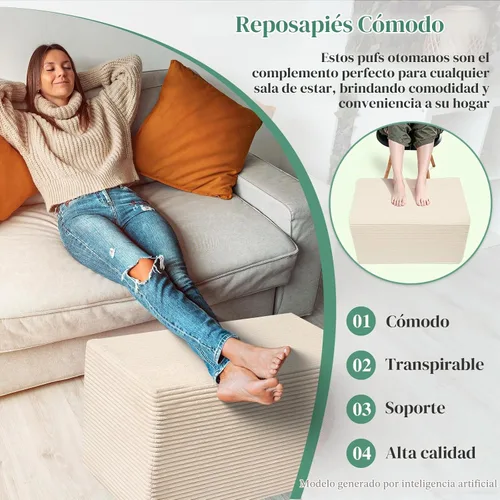 Vista 5 de Otomano Rectangular de Puf, Puf de Piso Relleno con Relleno de Espuma en Trozos, Reposapiés Suave de Felpa Coral en Forma de Raya Ancha, Otomano