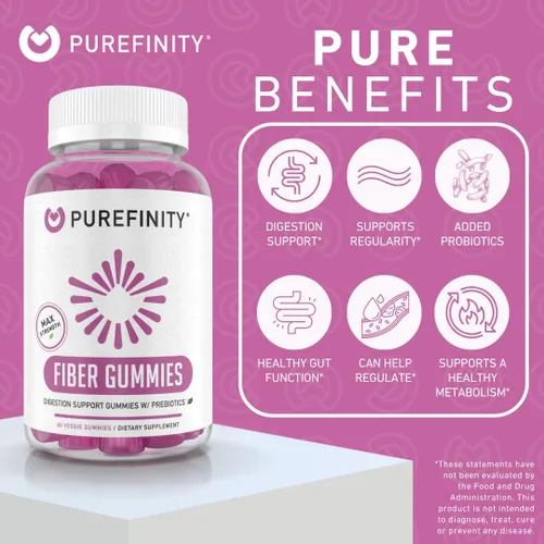 Vista 3 de PUREFINITY Gomitas de fibra para adultos con inulina FOS de raíz de achicoria, suplemento prebiótico sin azúcar para digestión diaria y apoyo al