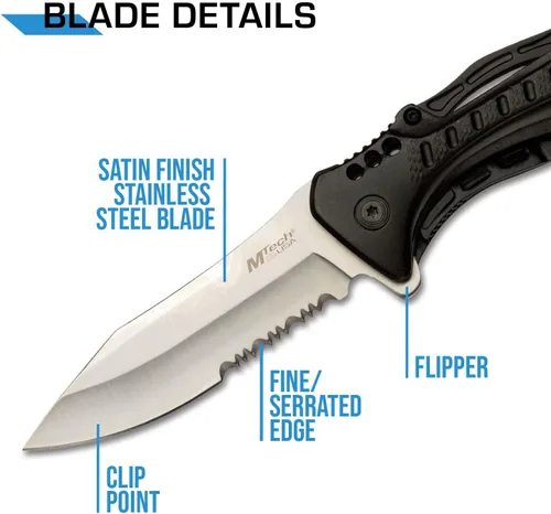 Vista 3 de MTech USA Cuchillo plegable - Hoja de acero inoxidable con acabado satinado parcialmente dentado, mango de aluminio negro, mosquetón, abrebotellas