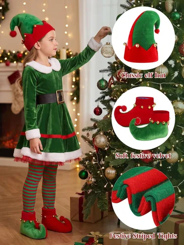 Vista 4 de AOTHSO Conjunto de disfraz de elfo de Navidad para niñas Verde