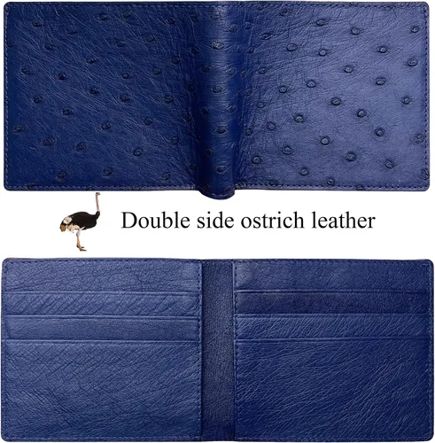 Vista 3 de HATA Cartera plegable de cocodrilo de cocodrilo para hombre, hecha a mano, bloqueo RFID o Hornback por vietnamita, Avestruz Azul Marino-DOBLE LADO