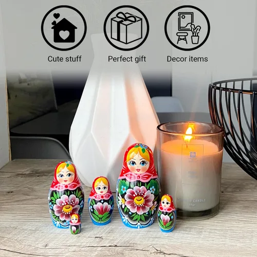 Vista 5 de AEVVV Juego de 5 muñecas nido rusas tradicionales - Muñecas de anidación Babushka hechas a mano con flores - Muñeca Matryoshka con decoraciones