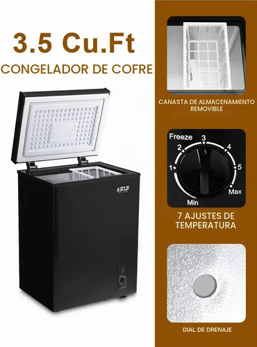 Vista 3 de Mini congelador de pecho de 3.5 pies cúbicos compacto con puerta abierta superior, color negro 7 Gears Temperature Control , Removable Storage