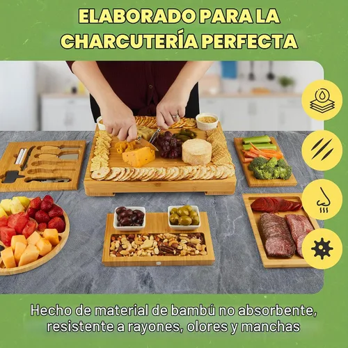 Vista 3 de Dynamic Gear Tabla de charcutería con cajones extraíbles, juego de tablas de queso de bambú expandible con utensilios, cuencos, bandejas