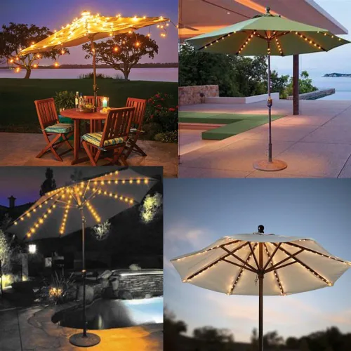 Vista 4 de Luces para sombrilla de patio, 8 modos de iluminación, 104 luces LED con control remoto, funciona con pilas, impermeable, decoración al aire libre