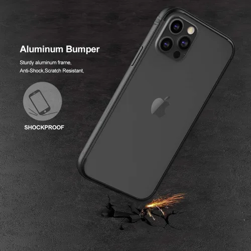 Vista 4 de Funda delgada de metal compatible con iPhone 12 12 Pro, funda de parachoques de metal con interior de TPU suave [sin interferencia de señal] Negro