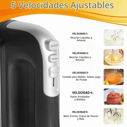 Vista 4 de Batidora de mano eléctrica de 400 W, 5 velocidades con turbo, 5 accesorios