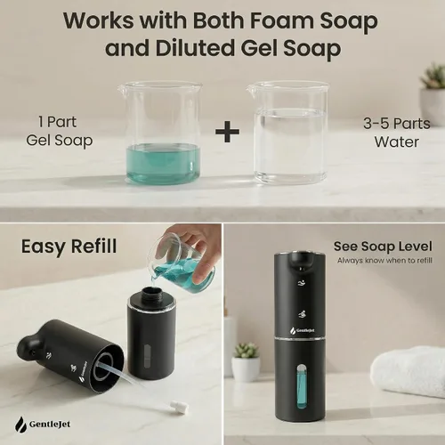Vista 6 de GentleJet JetFoam - Dispensador automático de jabón de espuma, sensor sin contacto, recargable USB-C, salida ajustable, IPX5 impermeable, 10.1 fl
