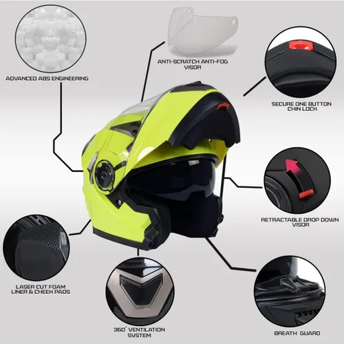 Vista 2 de Cascos Milwaukee MPH9809DOT Ionized Amarillo Neón Avanzado Casco Modular de Motocicleta para Motociclista con Visera Desmontable