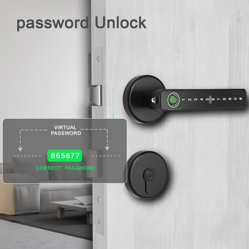 Vista 5 de Juego de cerradura inteligente para puerta, huella digital, código de acceso, tarjetas, control de aplicación, cerrojo de entrada sin llave con asa