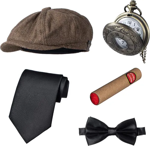 Vista 5 de TOGROP Chaleco de disfraz de los años 20 para hombre, sombrero y accesorios para reloj de bolsillo, juego de accesorios para fiesta de adultos