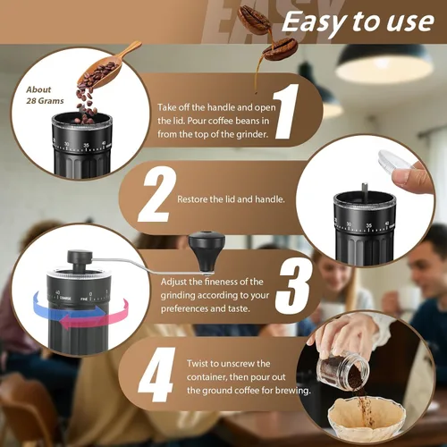 Vista 6 de Molinillo de café manual, 40 ajustes externos ajustables, molinillo de grano de café de cerámica cónica portátil, molinillo de café de manivela