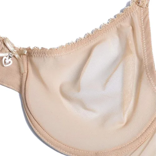 Vista 5 de Conjunto de lencería con brasier de malla transparente ligera sin forro con encaje para mujer