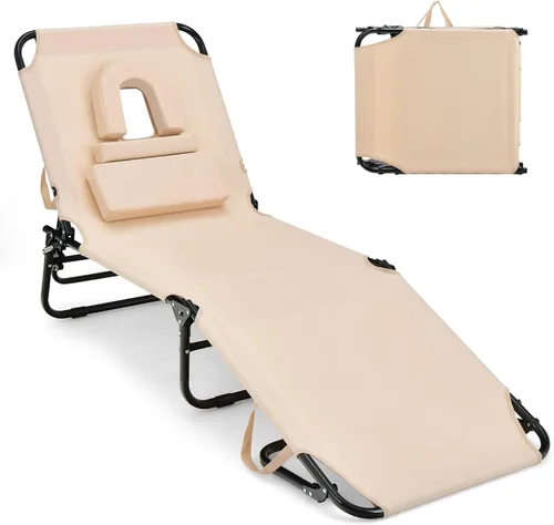 Vista 11 de GYMAX Silla de bronceado, silla de playa de 350 libras con agujero para la cara, almohada lavable y correa de transporte, tumbona plegable