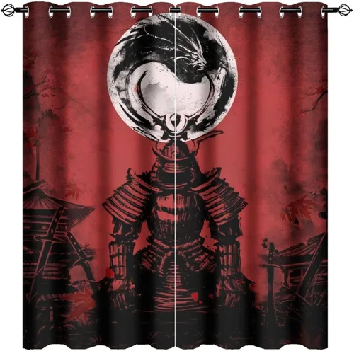 Vista 19 de Cortinas opacas abstractas japonesas samuráis para dormitorio, caballo samurái rústico, rojo, ojal, aislamiento térmico, cortinas de oscurecimiento