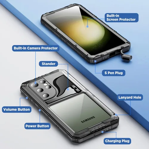 Vista 6 de Mitywah Funda impermeable para Samsung Galaxy S23 Ultra, funda de metal resistente, carcasa de cuerpo completo a prueba de golpes con protector