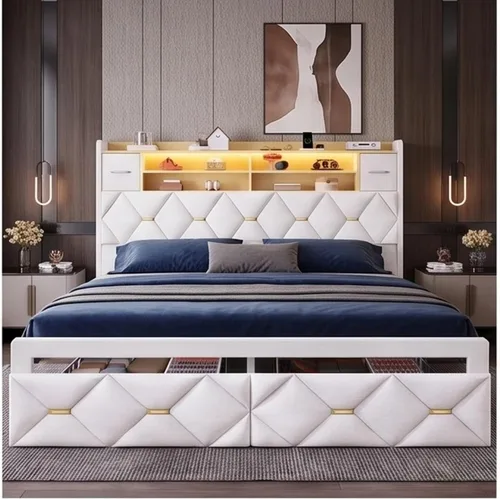 Vista 8 de YITAHOME Cama tapizada de terciopelo blanco tamaño King con carga