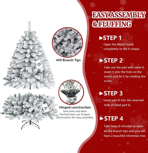 Vista 7 de Árbol de Navidad artificial preiluminado flocado de 4 pies, árbol de Navidad Fake Tree with 150 Lights/450 Branch Tips,Premium Spruce Xmas Tree