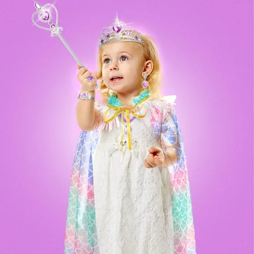 Vista 4 de Fedio Juego de capa de princesa de 7 piezas para niñas con corona de tiara, varita para niñas pequeñas (sirena)