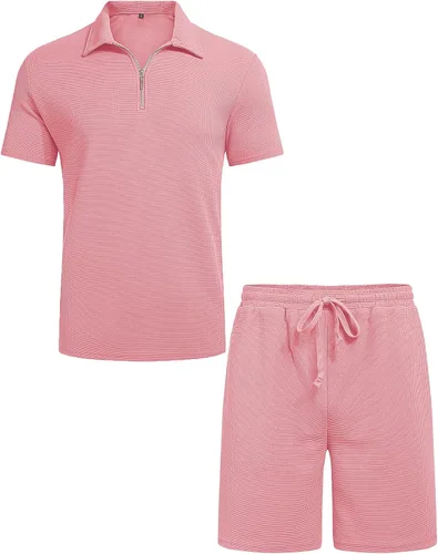 Vista 6 de Babioboa Conjunto de camisa polo y pantalones cortos de manga corta para hombre, conjunto de dos piezas, 3 bolsillos con cremallera, ropa deportiva