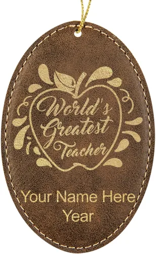 Vista 8 de LaserGram Personalized Christmas Ornament, World's Greatest Teacher, Faux Leather, Custom Laser Engraved Gift Idea (Oval Shape, Black with Gold)