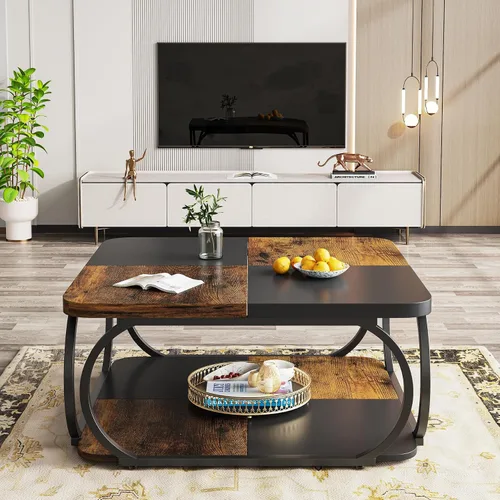 Vista 4 de LITTLE TREE Mesa auxiliar de 40 pulgadas con estante de almacenamiento, mesa de centro cuadrada baja de 2 niveles con mesa de madera de granja