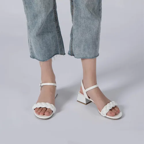 Vista 5 de Athlefit Sandalias trenzadas de tacón bajo para mujer, puntera abierta, correa en el tobillo, tacón grueso, zapatos de tacón grueso para vestir