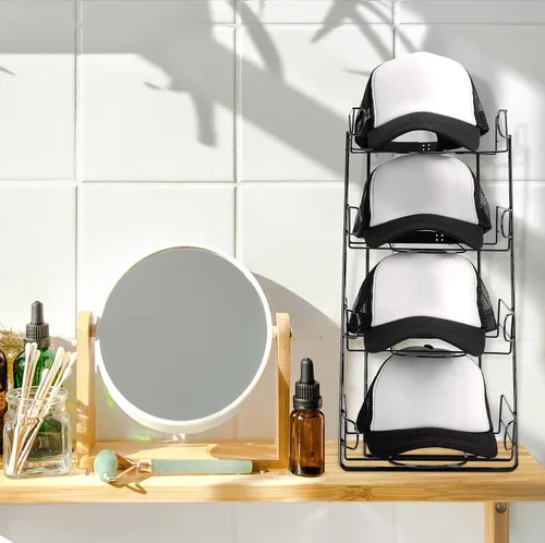 Vista 7 de Zonon Soporte de exhibición de sombreros de 4 niveles de alambre para encimera, estante de exhibición de sombreros de béisbol boutique para Negro