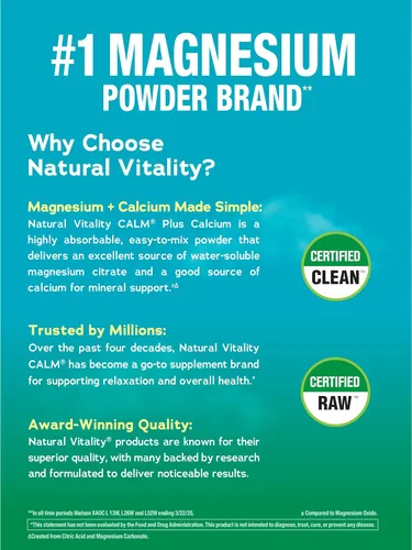 Vista 5 de Natural Vitality Calm, suplemento de citrato de magnesio y calcio, polvo para mezcla de bebidas apoya una respuesta saludable al estrés, sin gluten