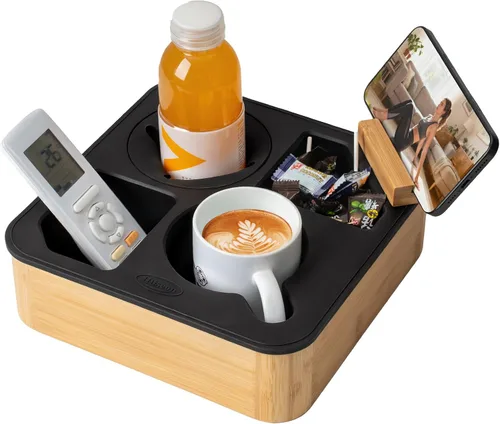 Vista 11 de Bandeja con Soporte para Tazas de Sofá, Caddy de Bambú de Silicona Hitseon con Soporte Giratoria para Teléfono para Cama y Asiento de Coche