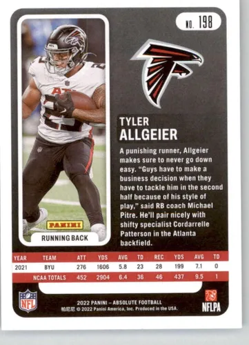 Vista 2 de Cartas de intercambio de fútbol NM-MT RC Rookie Atlanta Falcons 2022 Absolute #198 Tyler Allgeier NM-MT NFL