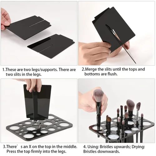 Vista 5 de Luckyiren Escurridor acrílico para cepillos, soporte plegable con 28 ranuras para pinceles de uñas, pintura y maquillaje, negro, unisex, ideal