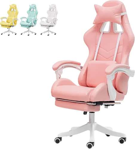Vista 10 de Linda silla de juegos con reposapiés, sillas de videojuegos de respaldo alto, silla Kawaii de piel sintética con soporte lumbar y reposacabezas