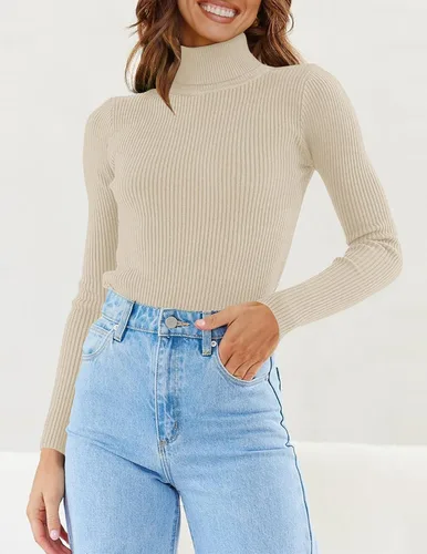 Vista 9 de ZESICA Camisas de manga larga de cuello alto para mujer, camisetas básicas de otoño, suéter de punto acanalado ajustado